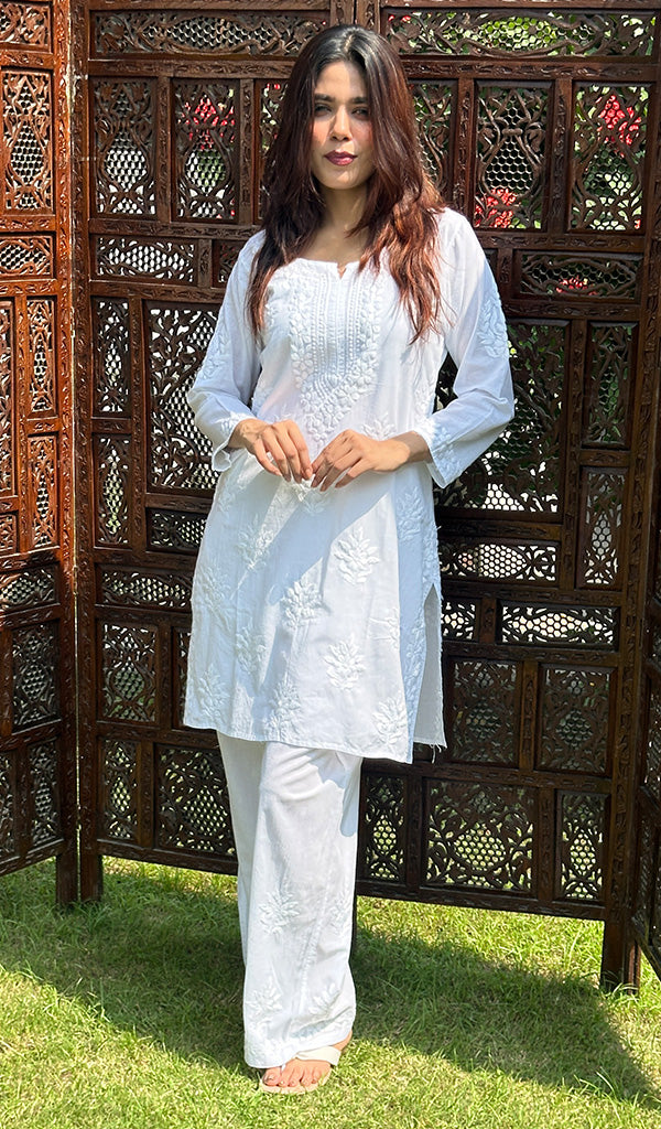 Nazneen Women's Lakhnavi Handcrafted Cotton Chikankari Kurta And Palazzo Set - HONC0239067