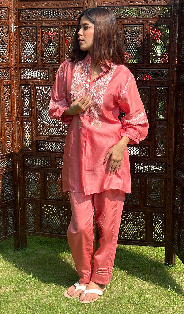 Women's Pink Lakhnavi Handcrafted Chanderi Silk Chikankari Top And Pant Set