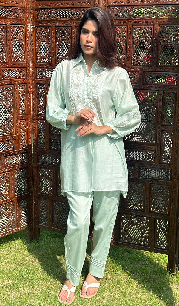 Women's Green Lakhnavi Handcrafted Chanderi Silk Chikankari Top And Pant Set