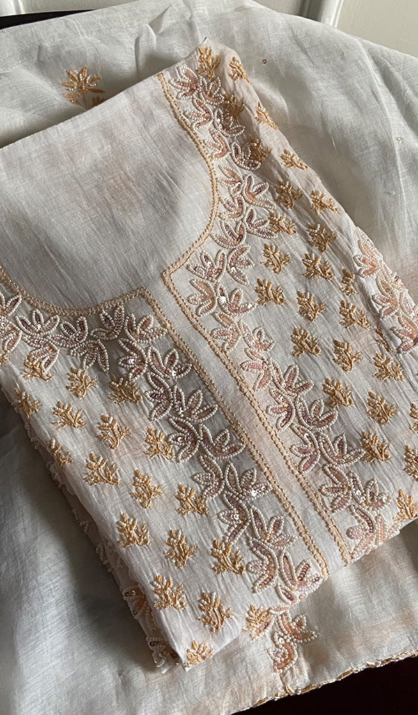 Saziya Women's Lakhnavi Handcrafted Mul Chanderi Semi - Stitched Kurta And Dupatta Set - HONC0222865