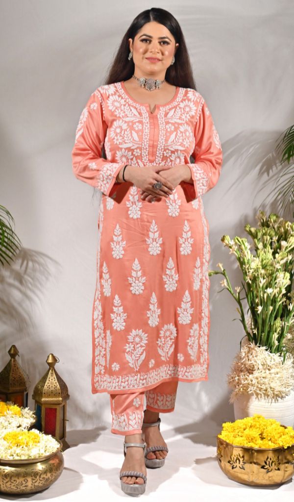 Women's Lakhnavi Handcrafted Modal Cotton Chikankari Kurta And Palazzo Set- HONC0132054