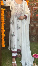 Load image into Gallery viewer, Women&#39;s Lakhnavi Handcrafted Mul Chanderi Chikankari Kurta, Dupatta And Pant Set - HONC0227103
