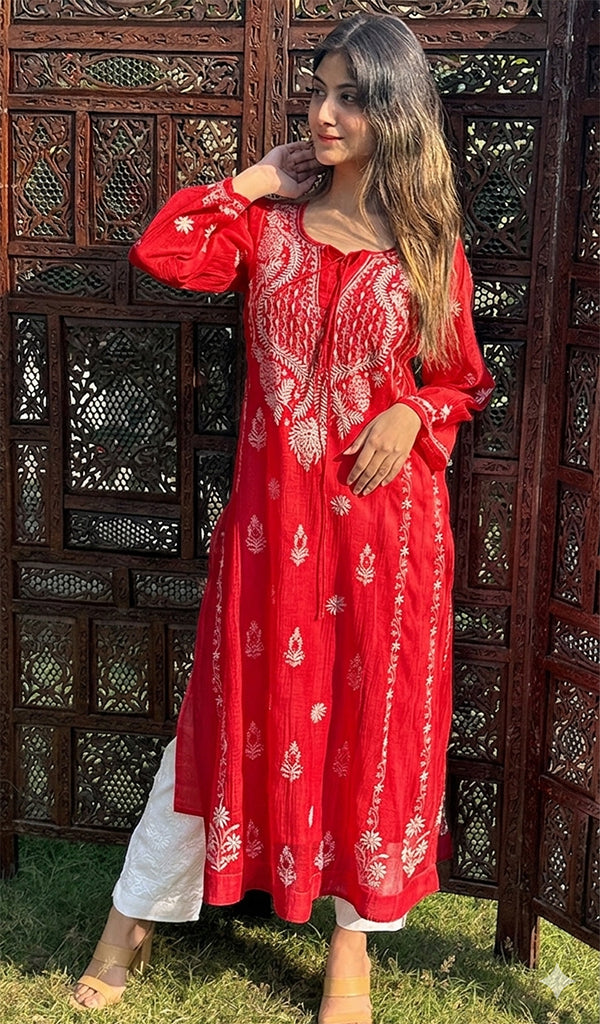 Nafasat Women's Lucknowi Handcrafted Mul Chanderi Chikankari Kurti - HONC07989505