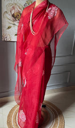 Load image into Gallery viewer, Women&#39;s Lucknowi Handcrafted Pure Organza Silk Chikankari Saree - HONC0230130
