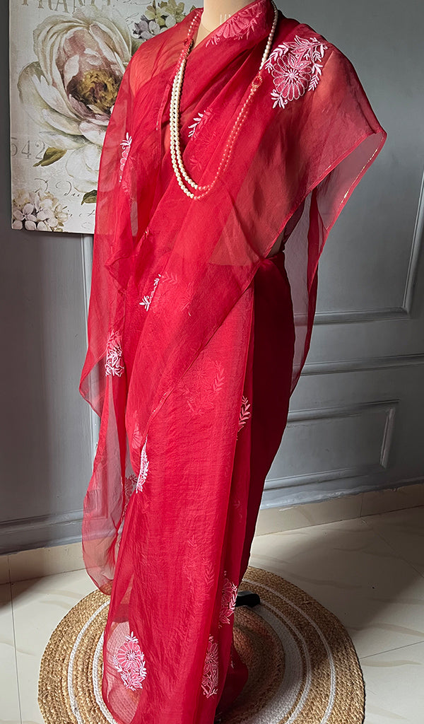 Women's Lucknowi Handcrafted Pure Organza Silk Chikankari Saree - HONC0230130