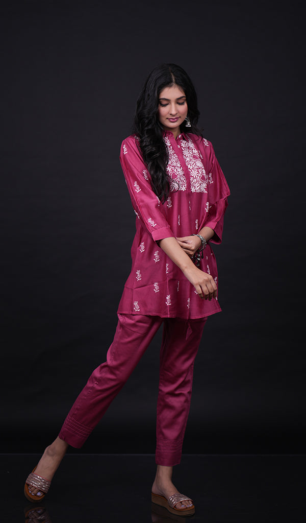 Women's Lakhnavi Handcrafted Chanderi Silk Chikankari Top and Pant Set - HONC0166319
