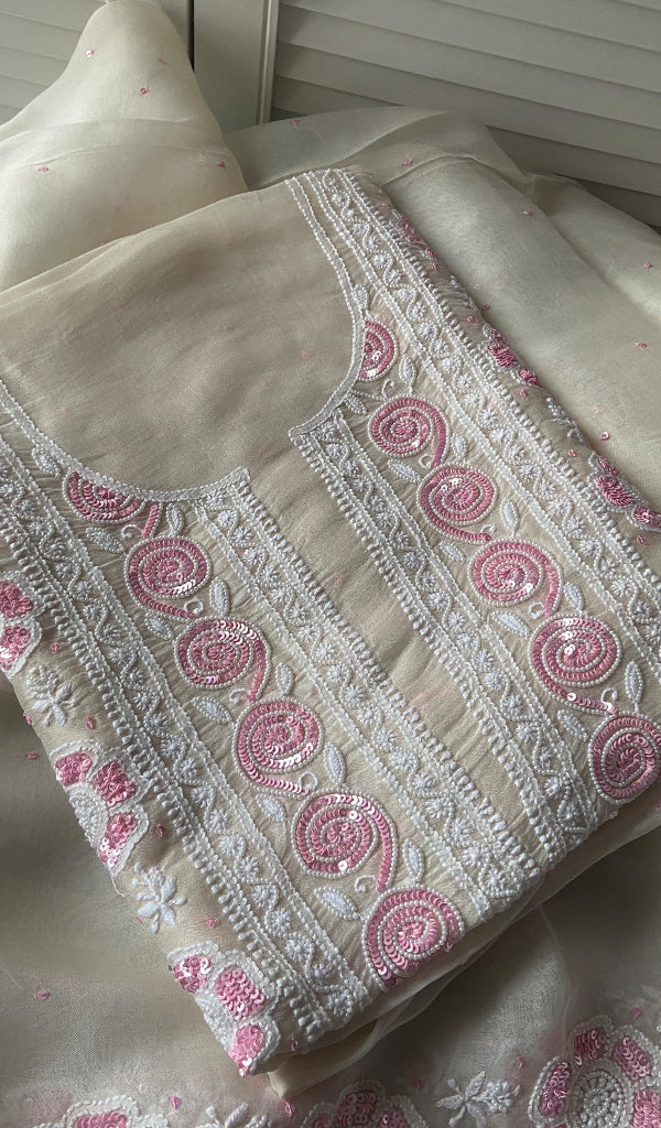 Women's Lakhnavi Handcrafted Pure Organza Chikankari Unstitched Kurta And Dupatta Set- HONC0249214