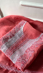 Load image into Gallery viewer, Women's Lakhnavi Handcrafted Pure Organza Chikankari Unstitched Kurta And Dupatta Set- HONC0309149