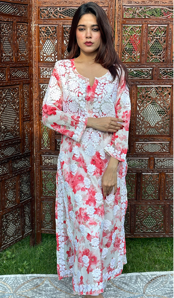 Women's Lakhnavi Handcrafted Mulmul Cotton Chikankari Kurti- HONC0229610