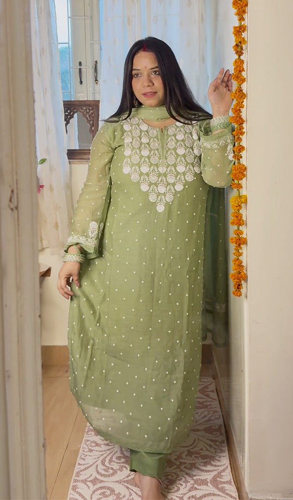 Jazba Women's Lakhnavi Handcrafted Mul Chanderi Chikankari Stitched Kurta, Dupatta And Pant Set - HONC07750JAZBA