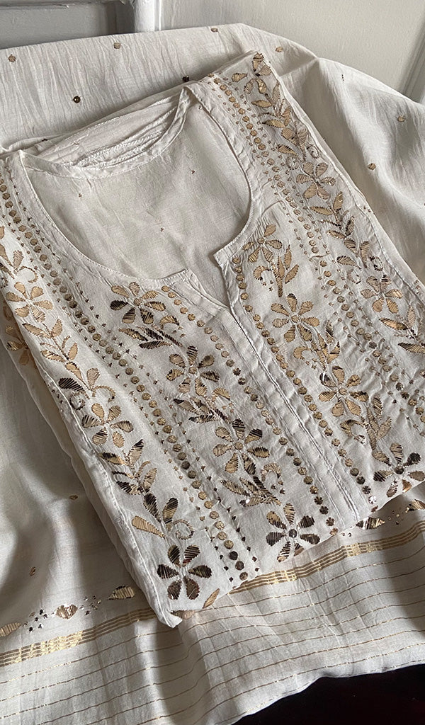 Women's Lakhnavi Handcrafted Mul Chanderi Semi - Stitched Kurta And Dupatta Set - HONC0242013