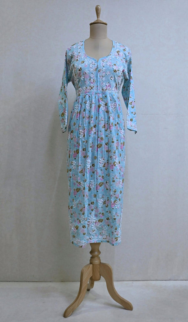Women's Lakhnavi Handcrafted Printed Cotton Chikankari Dress - HONC034165