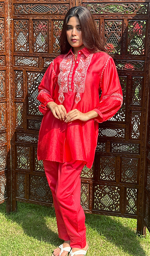 Women's Lakhnavi Handcrafted Chanderi Silk Chikankari Red Top And Pant Set