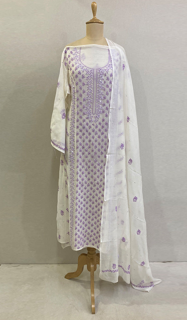 Saziya  Women's Lakhnavi Handcrafted Mul Chanderi Semi - Stitched Kurta And Dupatta Set - HONC0222862