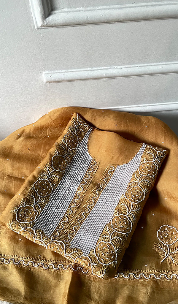 Women's Lakhnavi Handcrafted Pure Organza Chikankari Unstitched Kurta And Dupatta Set- HONC0309148