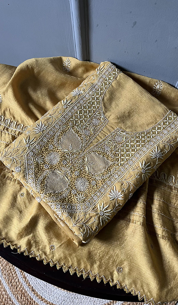 Women's Lakhnavi Handcrafted Munga Silk Unstitched Chikankari Kurta And Dupatta Set- HONC0278845