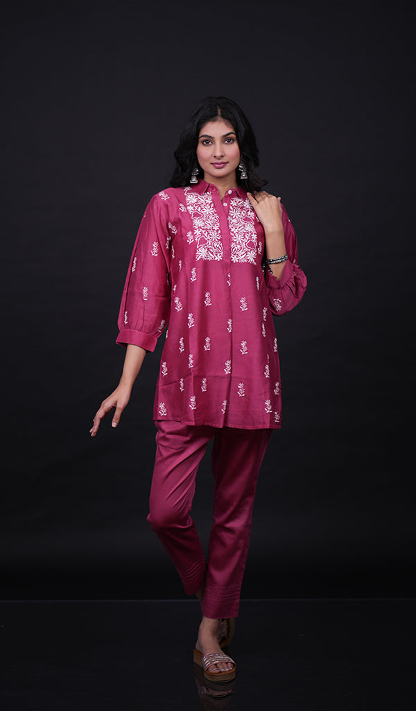 Women's Lakhnavi Handcrafted Chanderi Silk Chikankari Top and Pant Set - HONC0166319