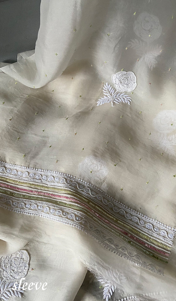 Women's Lakhnavi Handcrafted Pure Organza Chikankari Unstitched Kurta And Dupatta Set- HONC0300419