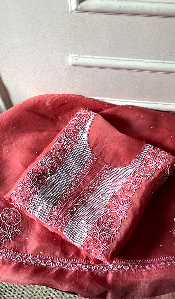 Rose Women's Lakhnavi Handcrafted Pure Organza Chikankari Unstitched Kurta And Dupatta Set- HONC0309149