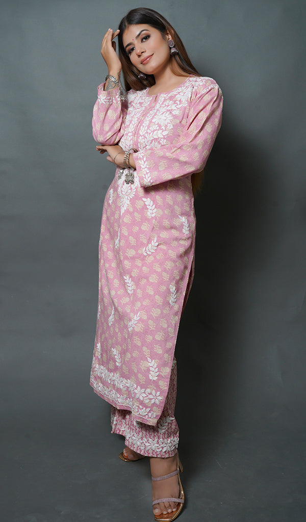 Women's Lakhnavi Handcrafted Modal Cotton Chikankari Kurta And Palazzo Set - HONC0150726