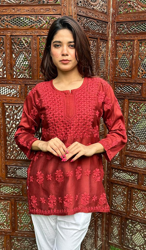 Hania Women's Lakhnavi Handcrafted Chanderi Silk Chikankari Top - HONC0237456
