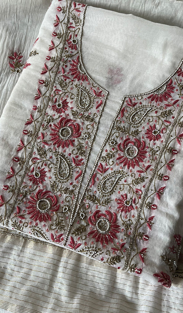 Women's Lakhnavi Handcrafted Mul Chanderi Unstitched Kurta And Dupatta Set - HONC0256380