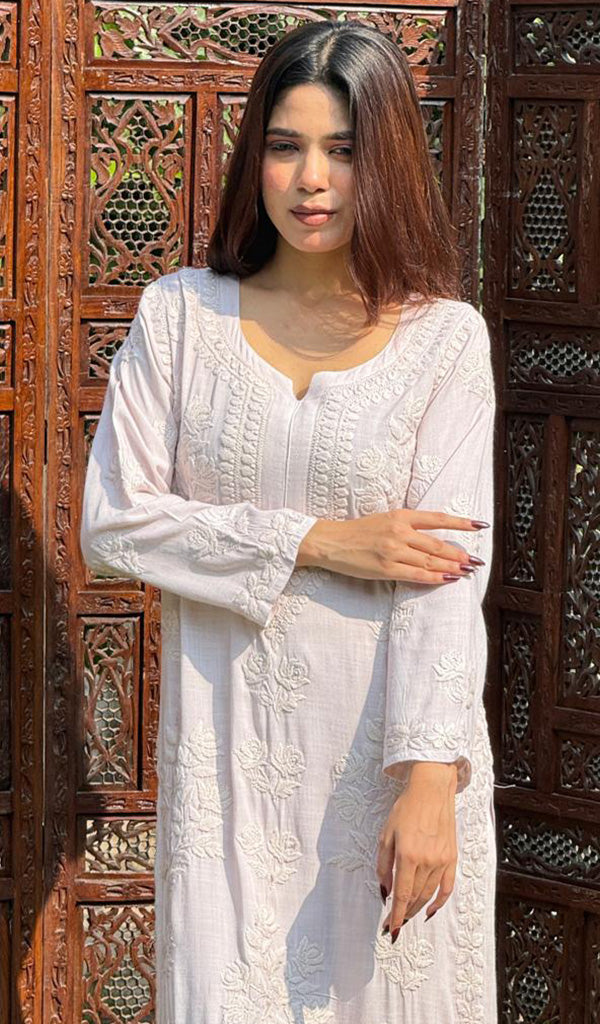 Shifa Women's Lakhnavi Handcrafted Linen Cotton Chikankari Kurta And Palazzo Set - HONC02443290