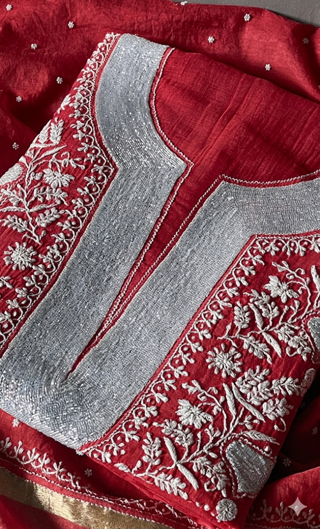 Navedaa Women's Lakhnavi Handcrafted Mul Chanderi UnStitched Kurta And Dupatta Set - HONC0318622