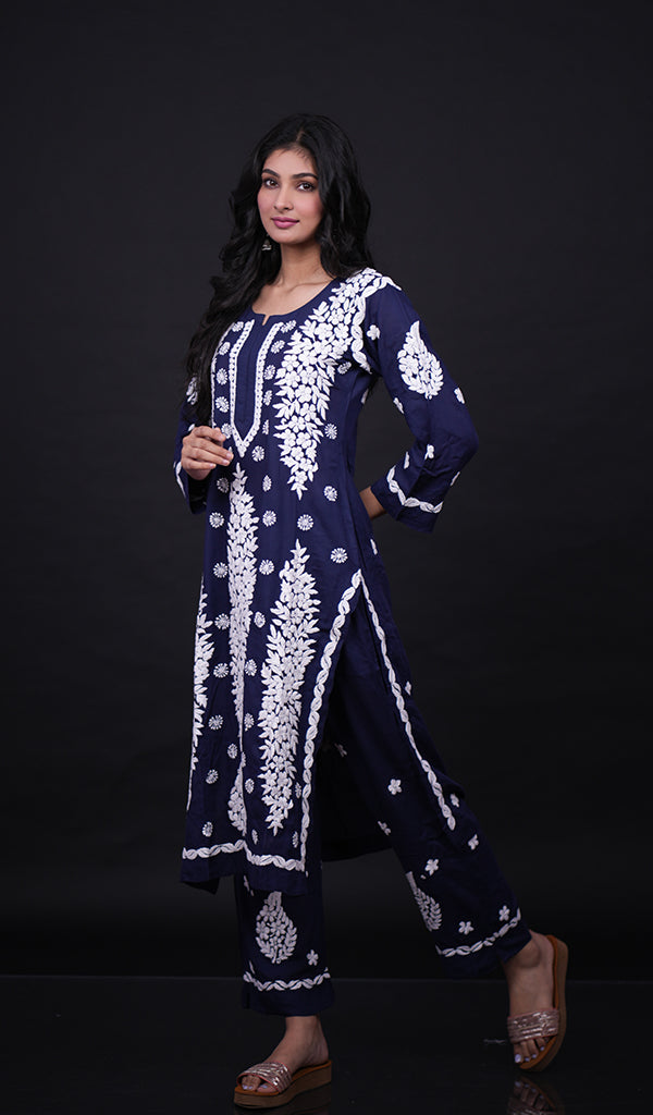 Safina Women's Lakhnavi Handcrafted Modal Cotton Chikankari Kurta And Palazzo Set - HONC0170500