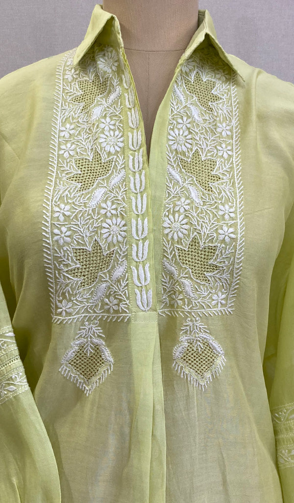Fiza Women's Lakhnavi Handcrafted Chanderi Silk Semi- Stitched Chikankari Top - HONC0220207