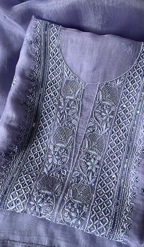 Women's Lakhnavi Handcrafted Pure Organza Chikankari Unstitched Kurta And Dupatta Set- HONC0SOLD