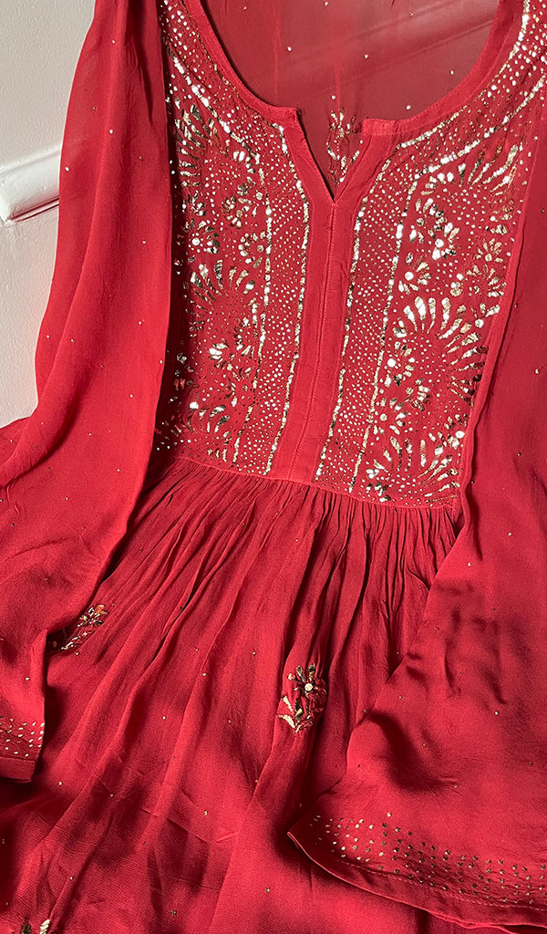 Red Lakhnavi Chikankari Suits