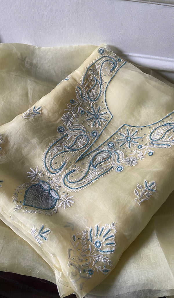 Women's Lakhnavi Handcrafted Pure Organza Chikankari Unstitched Kurta And Dupatta Set- HONC0304479