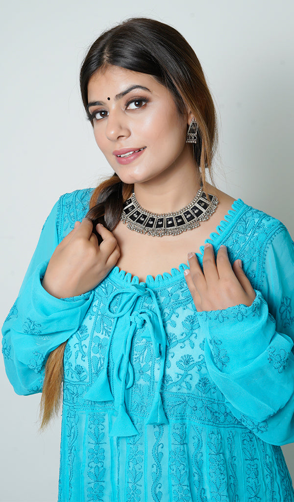 Fiza Women's Lakhnavi Handcrafted Turquoise Faux-Georgette Chikankari Anarkali Dress - NC0854