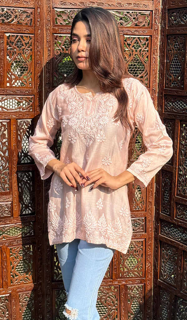 Hania Women's Lakhnavi Handcrafted Chanderi Silk Chikankari Top - HONC0237600