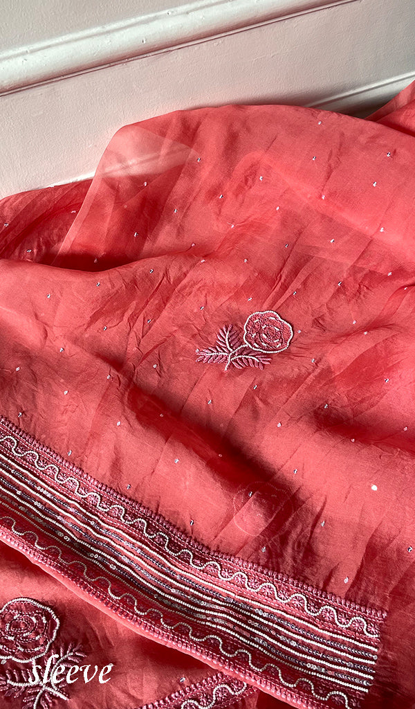 Women's Lakhnavi Handcrafted Pure Organza Chikankari Unstitched Kurta And Dupatta Set- HONC0309149