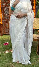 Load image into Gallery viewer, Women&#39;s Lucknowi Handcrafted Pure Organza Silk Chikankari Saree - HONC0217808
