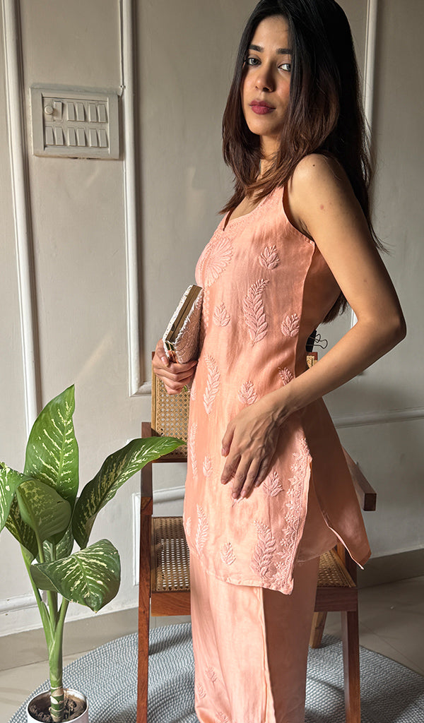 Amreena Women's Lakhnavi Handcrafted Chanderi Silk Chikankari Top And Pant Set - HONC0290577