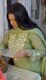 Load image into Gallery viewer, Jazba Women&#39;s Lakhnavi Handcrafted Mul Chanderi Chikankari Stitched Kurta, Dupatta And Pant Set - HONC07750JAZBA
