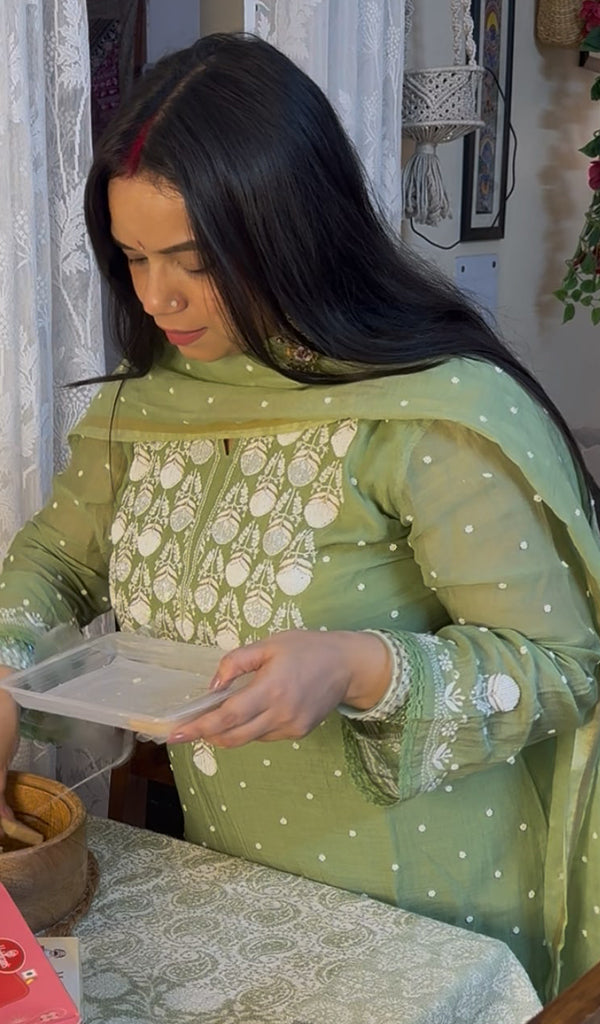 Jazba Women's Lakhnavi Handcrafted Mul Chanderi Chikankari Stitched Kurta, Dupatta And Pant Set - HONC07750JAZBA