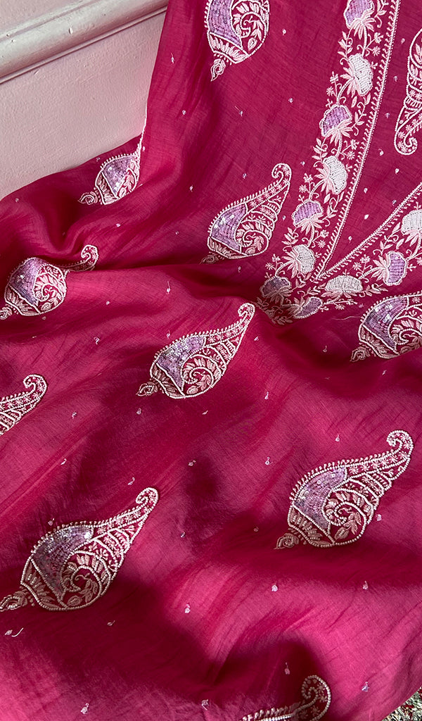 Shank Women's Lakhnavi Handcrafted Mul Chanderi Unstitched Kurta And Dupatta Set- HONC03148002