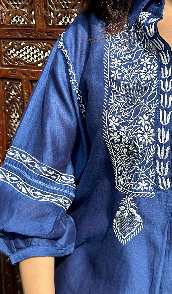 Women's Lakhnavi Handcrafted Chanderi Silk Chikankari Blue Top And Pant Set