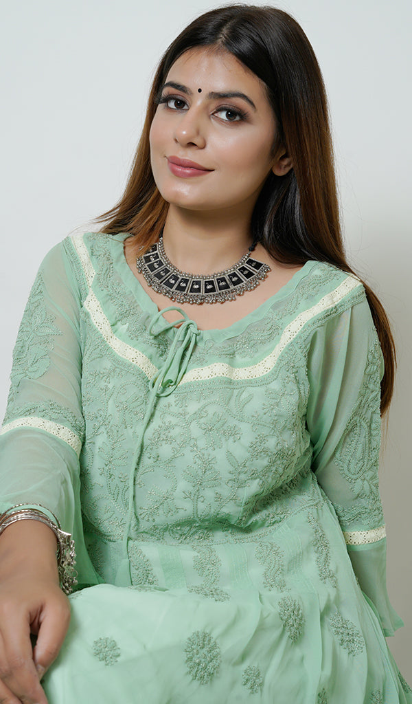 Aidah Women's Lucknowi Handcrafted Faux-Georgette Chikankari Anarkali Dress - NC058048