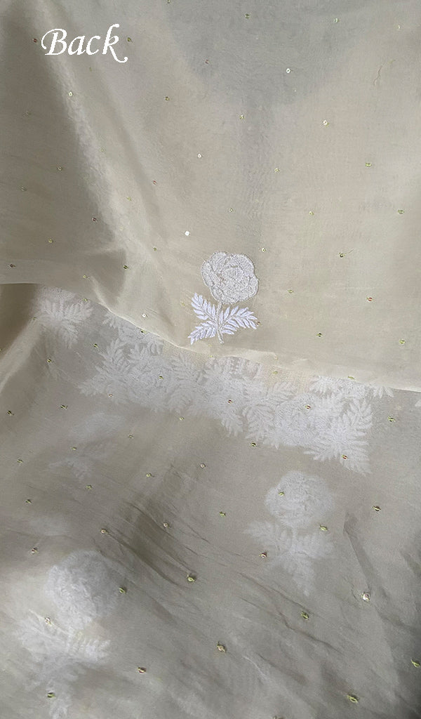 Women's Lakhnavi Handcrafted Pure Organza Chikankari Unstitched Kurta And Dupatta Set- HONC0300419