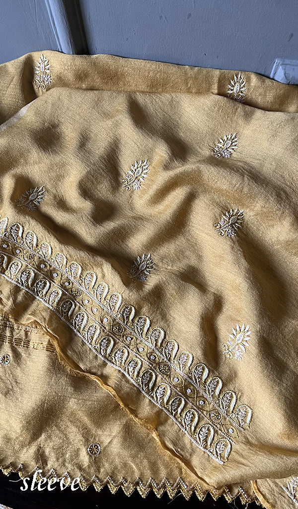 Women's Lakhnavi Handcrafted Munga Silk Unstitched Chikankari Kurta And Dupatta Set- HONC0278845
