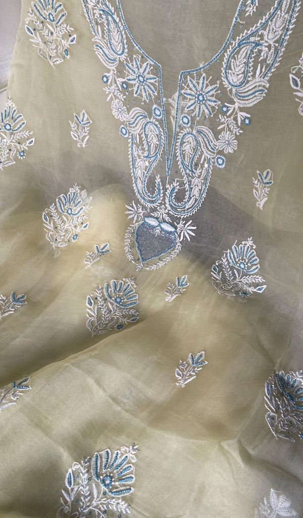 Women's Lakhnavi Handcrafted Pure Organza Chikankari Unstitched Kurta And Dupatta Set- HONC0304479