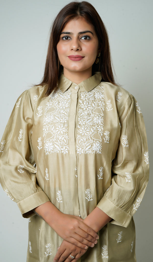 Shamina Women's Lakhnavi Handcrafted Chanderi Silk Chikankari Top - HONC0166337