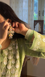 Load image into Gallery viewer, Jazba Women&#39;s Lakhnavi Handcrafted Mul Chanderi Chikankari Stitched Kurta, Dupatta And Pant Set - HONC07750JAZBA
