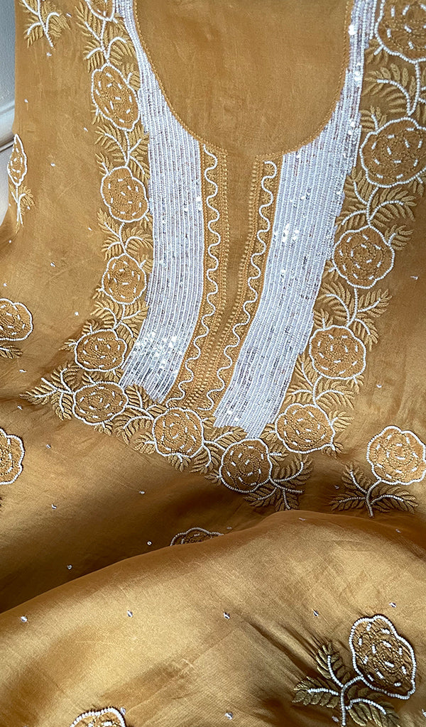 Women's Lakhnavi Handcrafted Pure Organza Chikankari Unstitched Kurta And Dupatta Set- HONC0309148