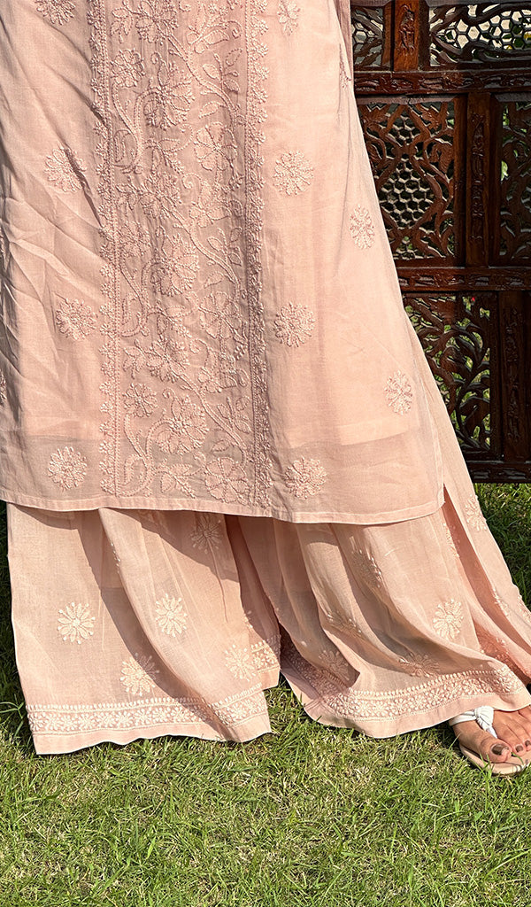 Women's Lakhnavi Handcrafted Cotton Chikankari Kurta, Palazzo and Dupatta Set - HONC0235413